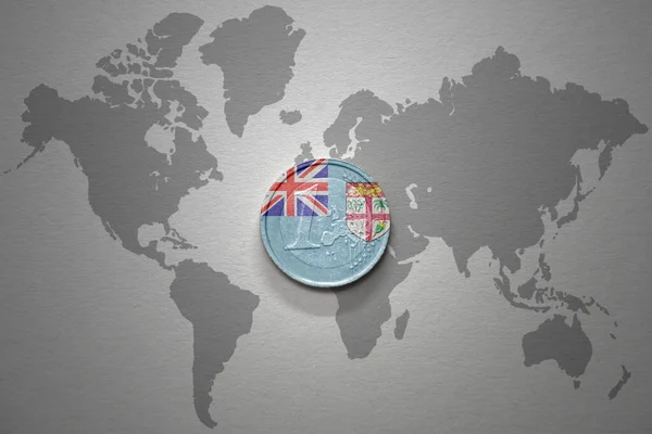 Euro Coin National Flag Fiji Gray World Map Background Illustration — Stock Photo, Image