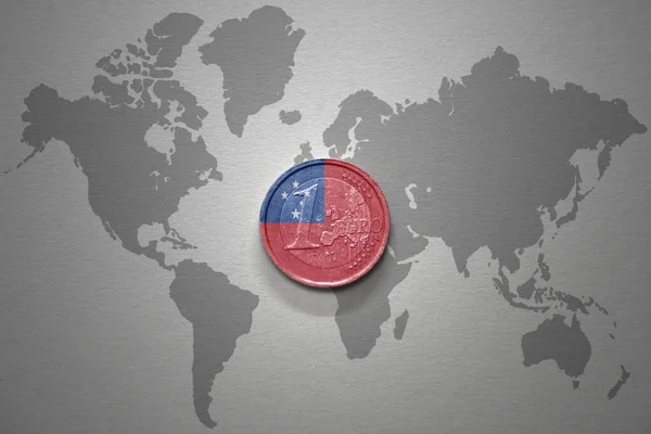 Euro Coin National Flag Samoa Gray World Map Background Illustration — Stock Photo, Image