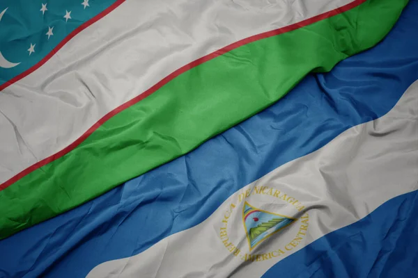 Zwaaiende Vlag Van Oezbekistan Nationale Vlag Van Nicaragua Macro Illustratie — Stockfoto