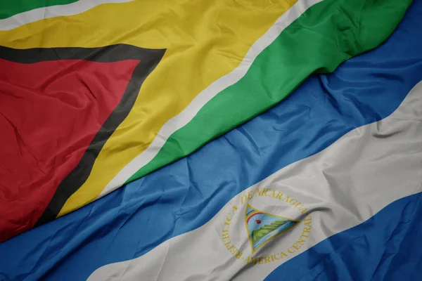 Acenando Bandeira Colorida Guiana Bandeira Nacional Nicarágua Macro Ilustração — Fotografia de Stock