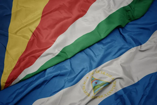 Seyşeller Renkli Bayrağı Nikaragua Nın Ulusal Bayrağı Sallanıyor Makro Illüstrasyon — Stok fotoğraf