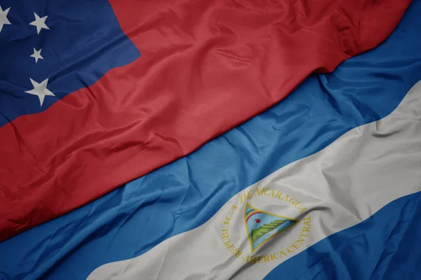 Ondeando Colorida Bandera Samoa Bandera Nacional Nicaragua Macro Ilustración — Foto de Stock