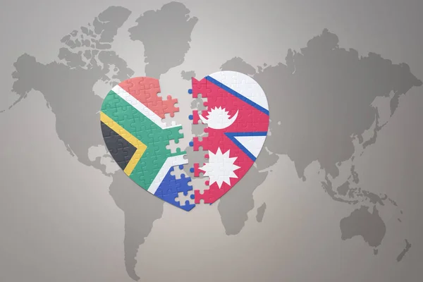 在世界地图的背景上与南非国旗和同花顺拼凑在一起 3D插图 — 图库照片