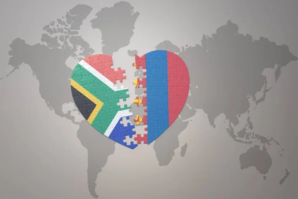 Puzzleherz Mit Der Nationalflagge Südafrikas Und Der Mongolei Auf Einer — Stockfoto