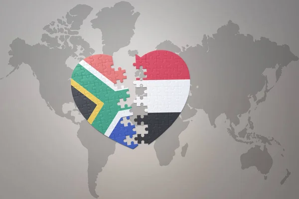 Puzzleherz Mit Der Nationalflagge Südafrikas Und Des Jemen Auf Einer — Stockfoto