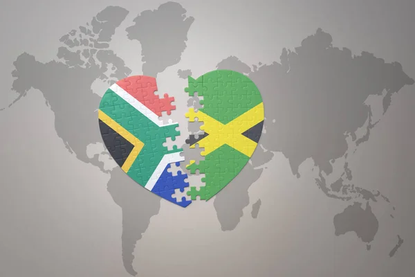 Puzzleherz Mit Der Nationalflagge Südafrikas Und Jamaikas Auf Einer Weltkarte — Stockfoto