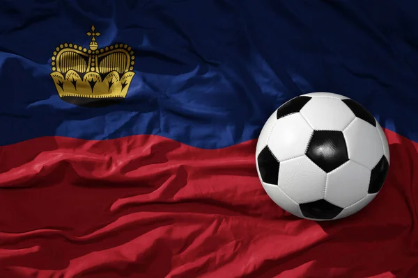 Oude Vintage Voetbal Bal Wapperende Nationale Vlag Van Liechtenstein Achtergrond — Stockfoto