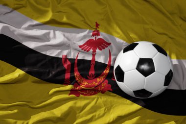 Esmer arka planda sallanan ulusal bayrak üzerinde eski, klasik bir futbol topu. 3B illüstrasyon