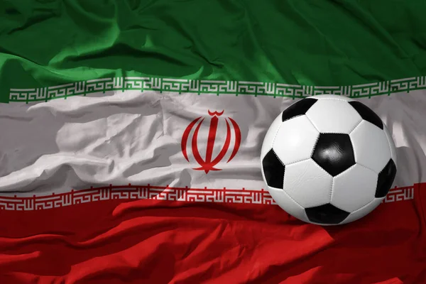 Vecchio Pallone Calcio Epoca Sulla Bandiera Nazionale Sventolante Sfondo Iran — Foto Stock