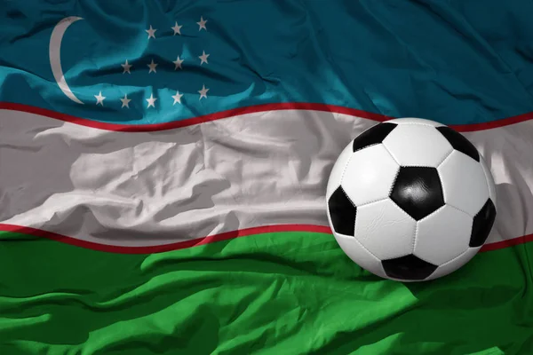 Old Vintage Football Ball Waveing National Flag Uzbekistan Background Illustration — Stock Photo, Image