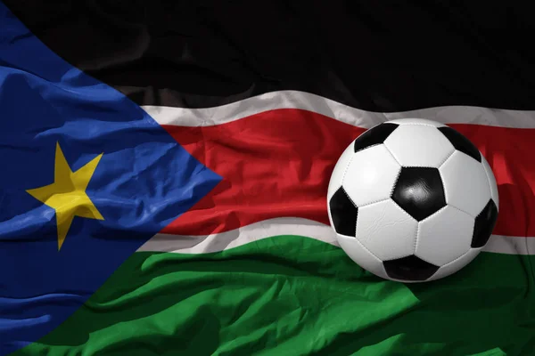 Old Vintage Football Ball Waveing National Flag South Sudan Background — Stock Photo, Image