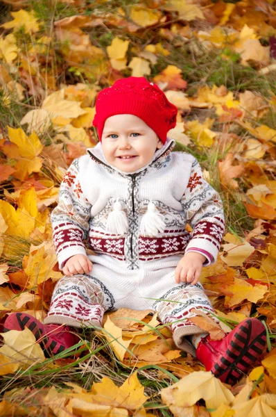 Pequena menina bonito em um fundo de folhas de outono — Fotografia de Stock