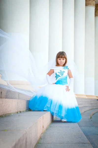 Lilla brud. en flicka i en frodig vit och blå bröllopsklänning och — Stockfoto