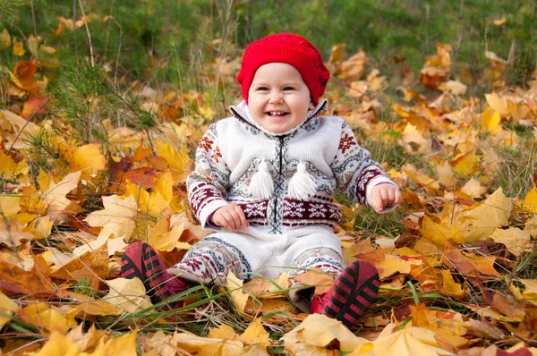 Niña linda sobre un fondo de hojas de otoño —  Fotos de Stock