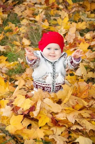 Petite fille mignonne sur un fond de feuilles d'automne — Photo