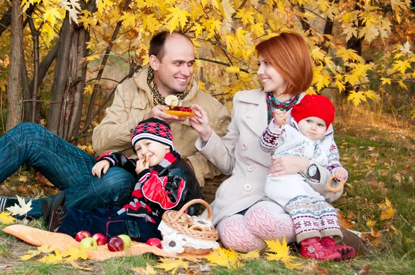 Um piquenique familiar. Família de quatro na floresta de outono — Fotografia de Stock