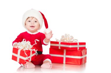 neşeli küçük Noel Baba ile sunar. Beyaz arka plan üzerinde izole.