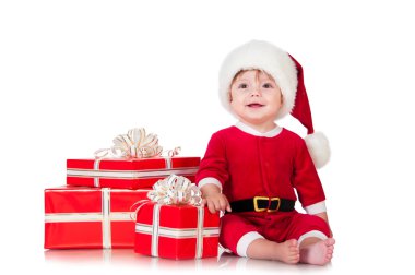 neşeli küçük Noel Baba ile sunar. Beyaz bac izole