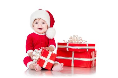 neşeli küçük Noel Baba ile sunar. Beyaz bac izole