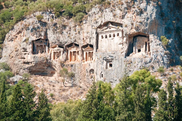 Turkish  Lycian tombs  - ancient necropolis in the mountains — Stock Photo, Image