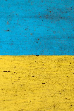 Çatlak boyalı sarı-mavi ahşap doku. Ukrayna bayrağı. Savaş yok. Yüksek kalite fotoğraf