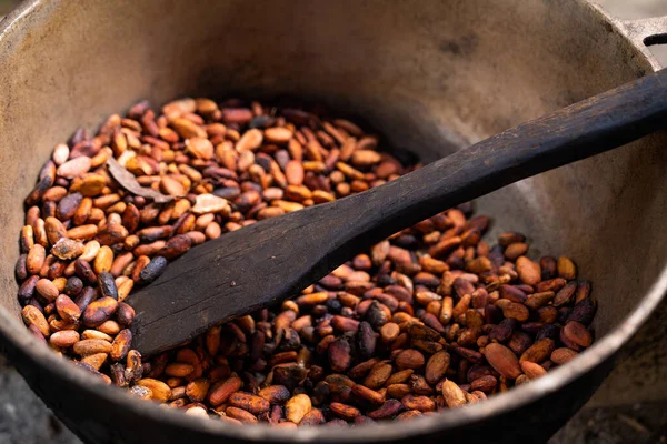 Kahverengi Kavrulmuş Kakao Çekirdeği Geçmişi Kakao Yapma Süreci Yüksek Kalite — Stok fotoğraf