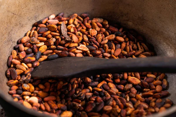 Frijoles Cacao Tostados Marrón Antecedentes Proceso Elaboración Del Cacao Foto — Foto de Stock