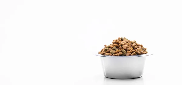 Metal Bowl Pets Dry Food Isolated White Background View Full — Foto de Stock