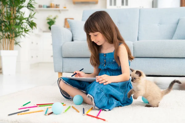 Kind Meisje Schilderen Met Kitten Liggen Vloer Kleine Vrouwelijke Persoon — Stockfoto
