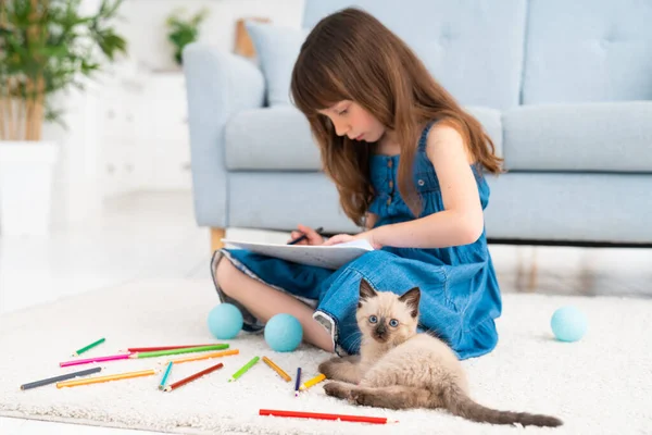 Child Kitten Cute Little Girl Sits Floor Home Draws Colored — ストック写真