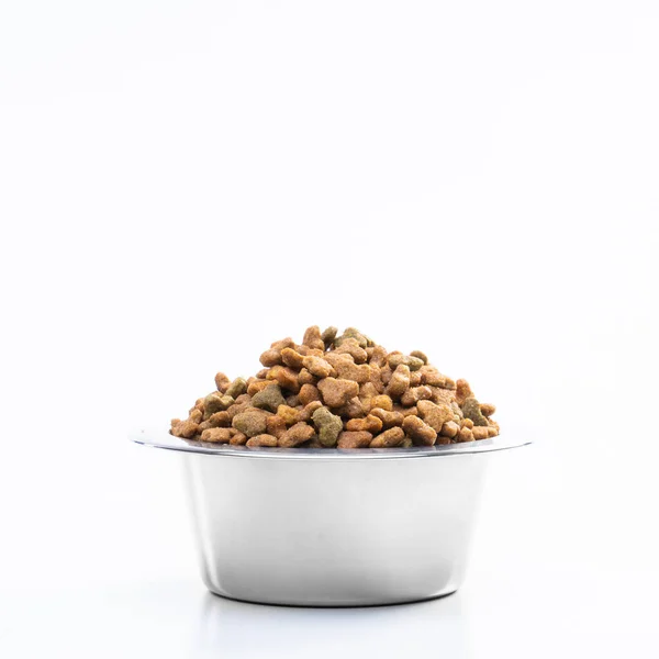 Metal Bowl Pets Dry Food Isolated White Background View Full — Stok fotoğraf