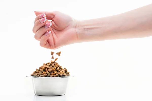 Alimentos Secos Para Animais Estimação Uma Mão Mulher Derramando Comida — Fotografia de Stock