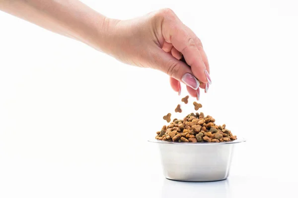 Woman Hand Pours Dry Food Cats Dogs Bowl Pets High — Foto Stock