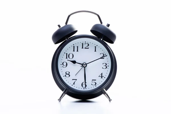 Black Metallic Retro Alarm Clock Isolated White Background Clock Shows — Stockfoto