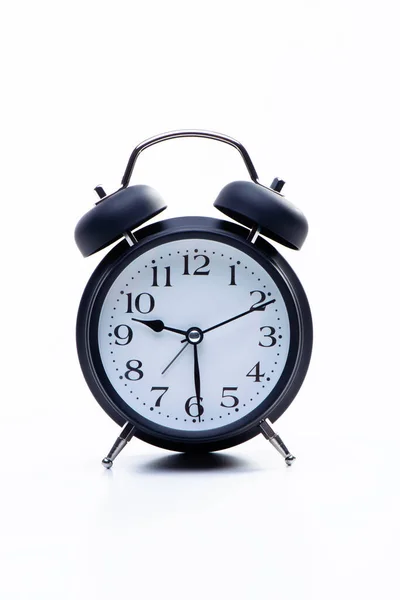 Black Metallic Retro Alarm Clock Isolated White Background Clock Shows — Stock Fotó
