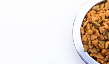 A close-up of part of a metal bowl with dry food for animals, cats and dogs. High quality photo