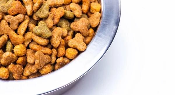 Close Part Metal Bowl Dry Food Animals Cats Dogs High — Foto Stock