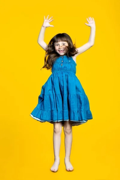 Funny Preschooler Girl Joyfully Jumps Smiles Child Happy Front Milk — Stock Photo, Image