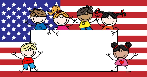 Niños étnicos mixtos encabezado bandera americana — Vector de stock