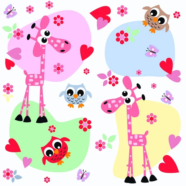 Giraffes and owls sweet colorful background — Stock Vector