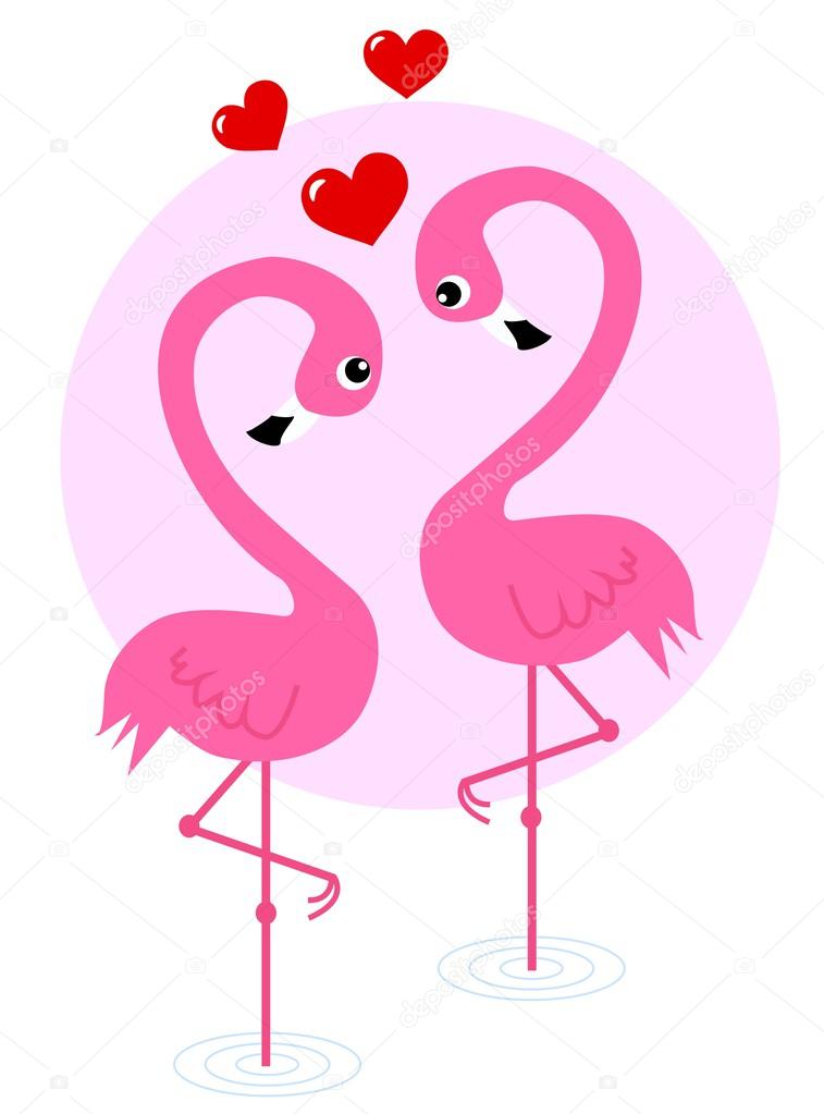 Two pink flamingo birds in love