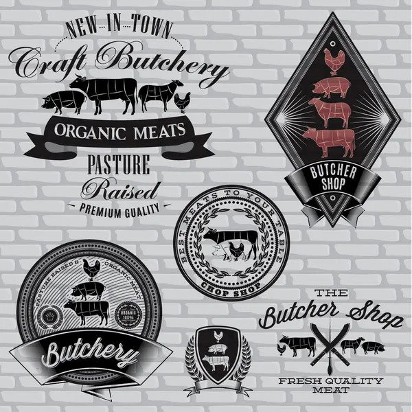Set of labels for Butcher on brick wall — Stock Illustration Set of labels for Butcher on brick wall Royalty Free Stock Vectors