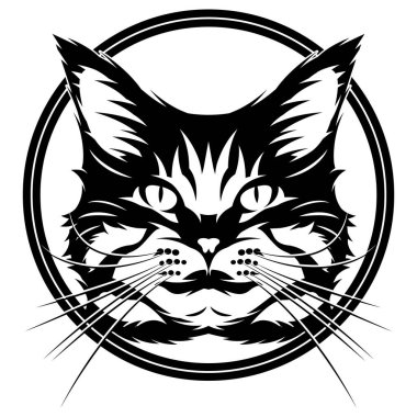 Vector monochrome illustration with a cat s head. Maine Coon. Template, element for design.