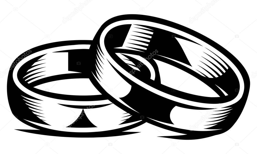Two wedding rings. Template, element for design of polygraphy on theme of the wedding. Vector monochrome, editable illustration.