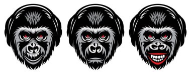 Kulaklık takan üç maymun. Renkli vektör çizimleri. Şablon, tasarım için element.