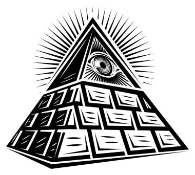 Stylized brick pyramid of Masons with an all-seeing eye. Vector monochrome illustration. White background.