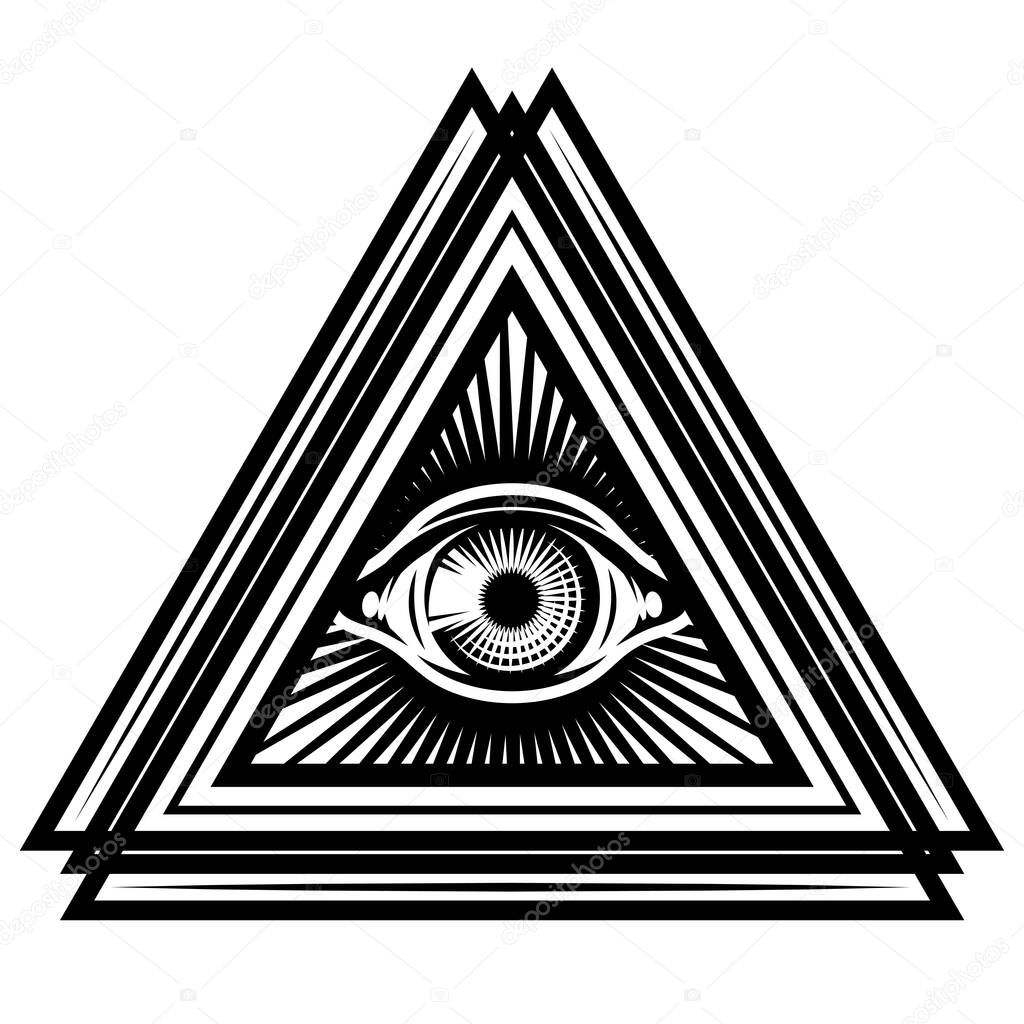 All-seeing eye of God in triangle. Sacred symbol in a stylized triangles. Vector monochrome illustration.