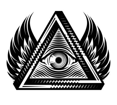 Tanrı 'nın her şeyi gören gözü kanatlı üçgen. Tarzlı bir üçgendeki kutsal sembol. Vektör tek renkli illüstrasyon.