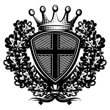 Kalkan ve meşe çelengi üzerinde Hıristiyan haçı olan düzenlenebilir vektör şablonu. Golgotha 'da kilise sembolü.