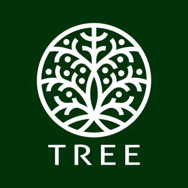 Meyveli ve köklü ağaç çemberde. Şablon, tasarım elementi. Vektör renk illüstrasyonu.